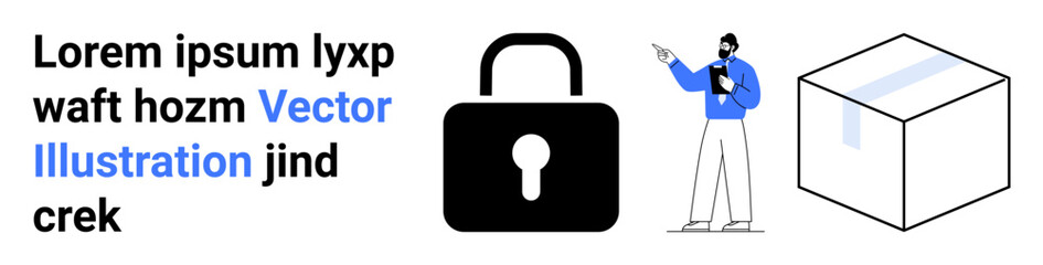 Person pointing at lock and package, symbolizing cybersecurity and logistics security. Ideal for presentation, delivery, storage, privacy, protection, e-commerce, and simple landing page