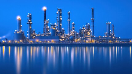 Obraz premium Night View of an Illuminated Petrochemical Refinery Complex