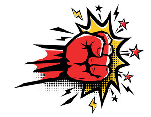 Explosive blow fist, strong punch drawn in comic style. Fist punching, hit strong fist. Vector on transparent background