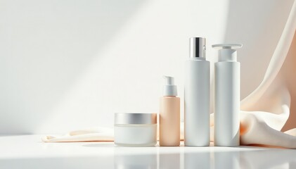 Luxury skincare products, pristine white backdrop, studio shot, product shot, minimal