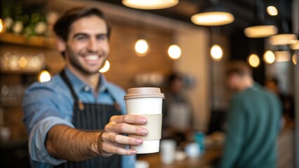 Customer Loyalty concept. A smiling barista holds a coffee cup in a cozy café setting, with customers in the background.
