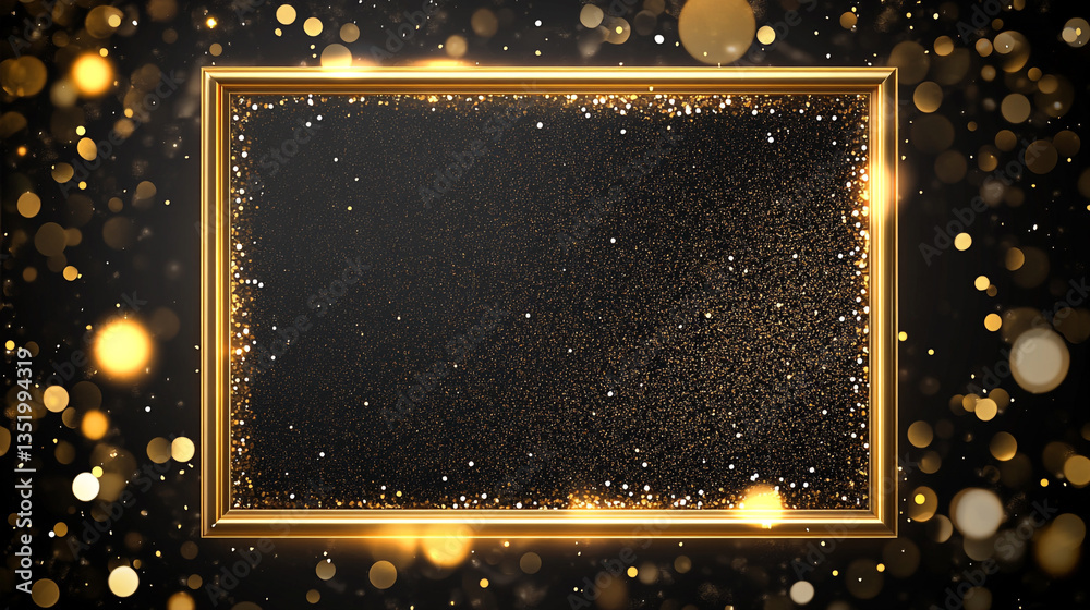 Poster golden frame with sparkling particles on a dark background with bokeh lights surrounding it