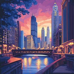Naklejka premium Golden hour city skyline shining on tranquil water surface image