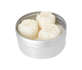 Beautiful flower-shaped candles in jar isolated on white