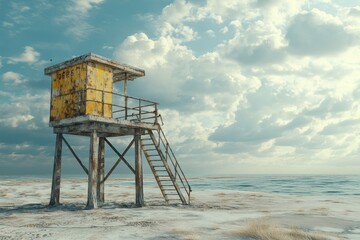 A weathered lifeguard station stands on the beach near the ocean