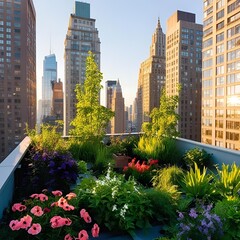 Fototapeta premium A serene rooftop garden nestled amidst the urban skyline.