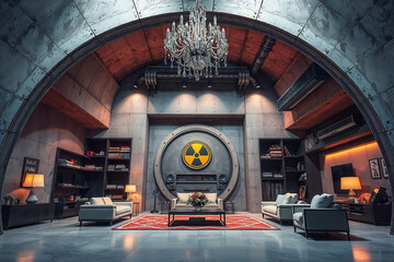 Luxury Underground Bunker Interior with Radiation Symbol Vault Door Crystal Chandelier Modern Furniture Elegant Survival Shelter Apocalypse Safe Room