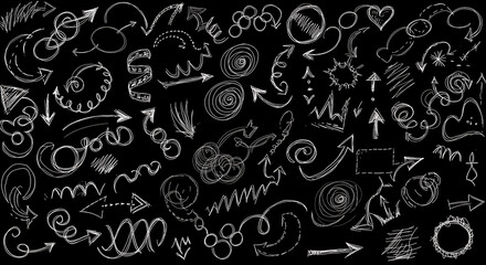 A playful collection of hand-drawn sketchy lines, arrows, and abstract doodles in black and white. The style is dynamic and imperfect.