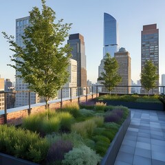 Obraz premium A serene rooftop garden nestled amidst the urban skyline.