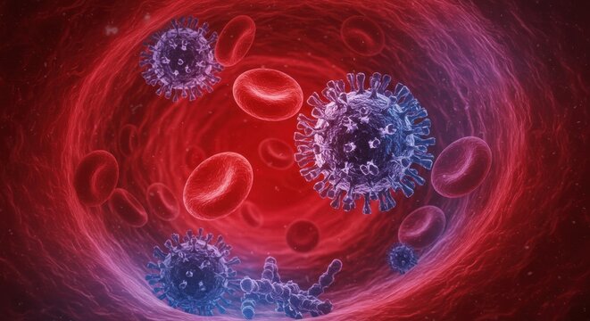 Virus and blood cells in a human body context 