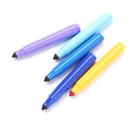 Many colorful markers isolated on white, top view