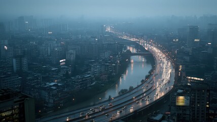 Obraz premium Elevated City Highway at Twilight with River and Dense Urban Development