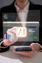 Businessman using AI artificial intelligence for data analysis code technology futuristic concept