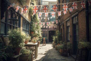Fototapeta premium Union Jack Bunting Decorations for a Festive Street Party in a Vibrant Alleyway