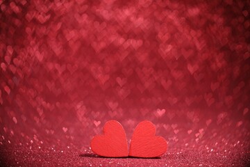 Fototapeta premium Romantic decor. Wooden hearts on shiny red glitter and heart shaped lights, space for text. Bokeh effect
