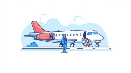A detailed illustration depicts an airplane with boarding stairs
