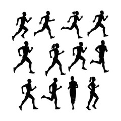 Run. Running men and women, vector set of isolated silhouettes
