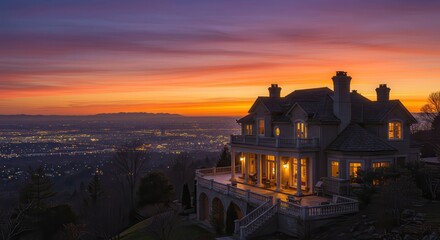 Obraz premium Home Overlooking City Lights and Sunset with Colorful Evening Sky
