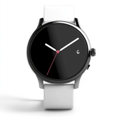 Minimalist smartwatch with white band and black face.