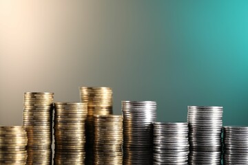 Stacks of coins on color background, closeup. Space for text