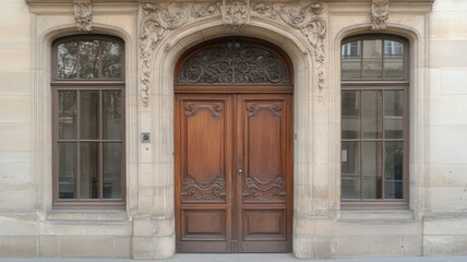 Fototapeta premium Ornate Wooden Double Door in Beige Stone Building