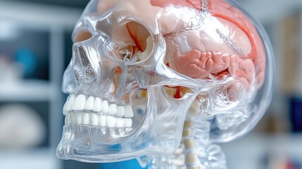 Transparent skull model with visible brain and nerves.  Detailed anatomical representation of the cranium, brain, and related structures