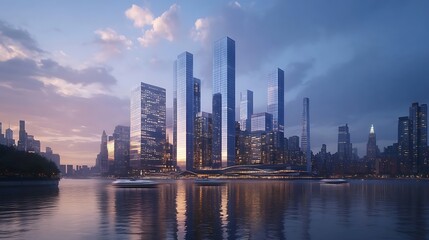 Fototapeta premium Vibrant city skyline sunset radiance mirrored on glassy water image