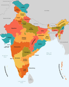 Colorful vector map of India, labelled with states and union territories name and border.