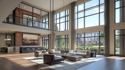 Luxurious Modern Apartment Lobby with Floor to Ceiling Windows and Chic Furniture