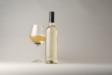 Tasty white wine in glass and bottle on light grey background, space for text