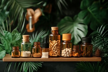 Fototapeta premium Small glass bottles with various supplements and their contents on display