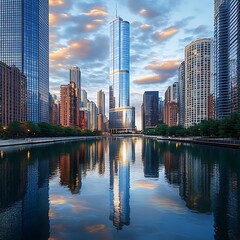 Fototapeta premium Stunning urban sunset hues mirrored on still waterfront image