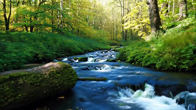 Crystal-Clear Brook Flowing Through the Lush Woodland of Nuuksio National Park: A Scenic Exploration of Springtime Nature in Finland