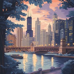 Fototapeta premium Sunset lit skyscrapers mirrored on glassy waterfront scenery image