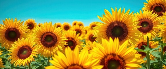 Obraz premium Vibrant sunflower field, sunny day, close-up view of petals, golden yellow hues, bright, dazzling