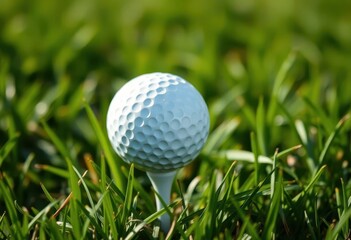 White golf ball perched on tee, nestled in green grass, close-up, texture