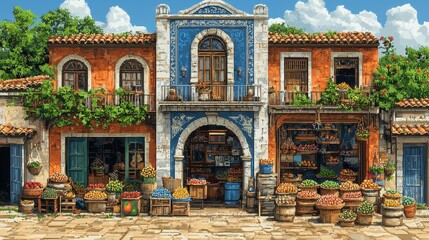 Fototapeta premium A bustling digital marketplace, where pixelated vendors sell everything from glowing crystals to exotic fruits. The vibrant colors of their wares contrast with the dusty, retro backdrop of an 