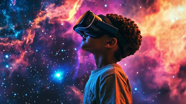 A black boy engages with virtual reality technology, immersed in a vibrant cosmic environment simulating space exploration