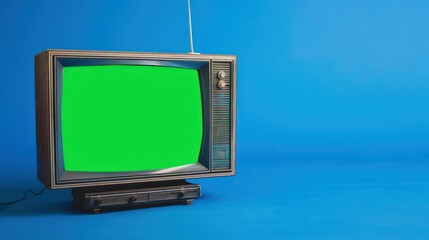 A retro TV with green on the screen against a bold blue background, offering ample copy space