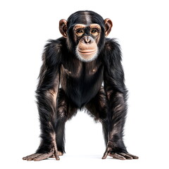 Fototapeta premium A sturdy, well-muscled chimpanzee with a dark brown-black coat and broad face stands in a realistic side-view portrait, full body on a white background, with dark expressive eyes and a calm, intellige