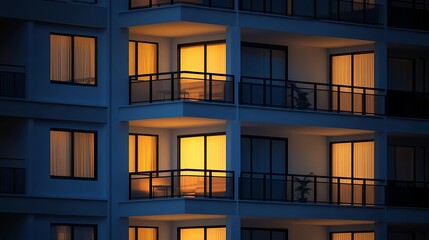Illuminated Building Windows with Warm Yellow Light at Twilight