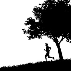 Silhouette of Jogger Running by Tree in Scenic Nature Vector Illustration