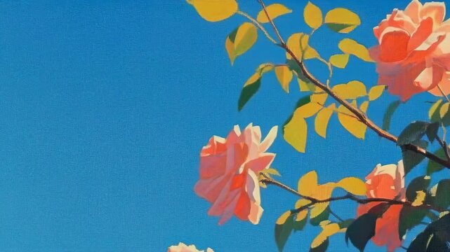 Vibrant video still of roses against a clear blue sky, captured from a low angle. The style is reminiscent of impressionist painting. Live desktop wallpaper.