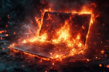 Burning Laptop Illustration Digital Art Fire Flames Smoke Technology Emergency Short Circuit Battery Hazard