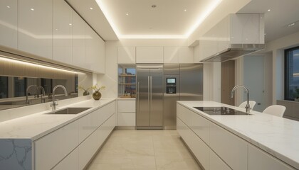 Fototapeta premium Modern kitchen design urban apartment interior photo sleek environment wide angle minimalism