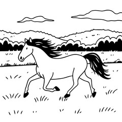 Running Horse in Countryside Landscape Vector for Illustrations and Coloring Books