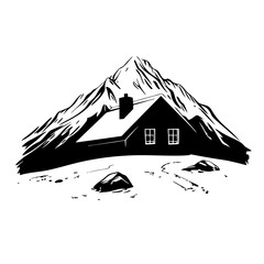 Mountain Cabin Silhouette in Rustic Landscape Vector for Nature Illustrations