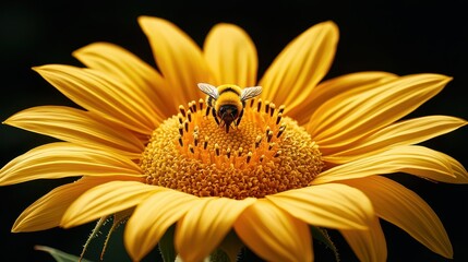 Close-Up of Sunflower with Bee Collecting Pollen