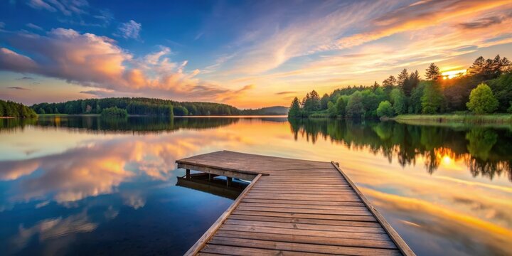 Serene lake scene at sunset with a wooden pier and surrounding forests, forest, nature