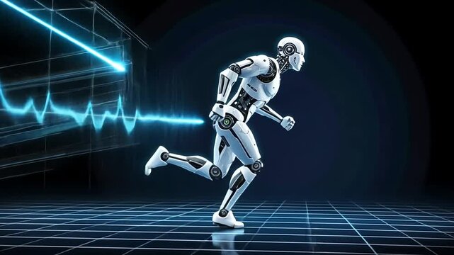 High-tech humanoid robot running on a digital grid with futuristic neon lighting.